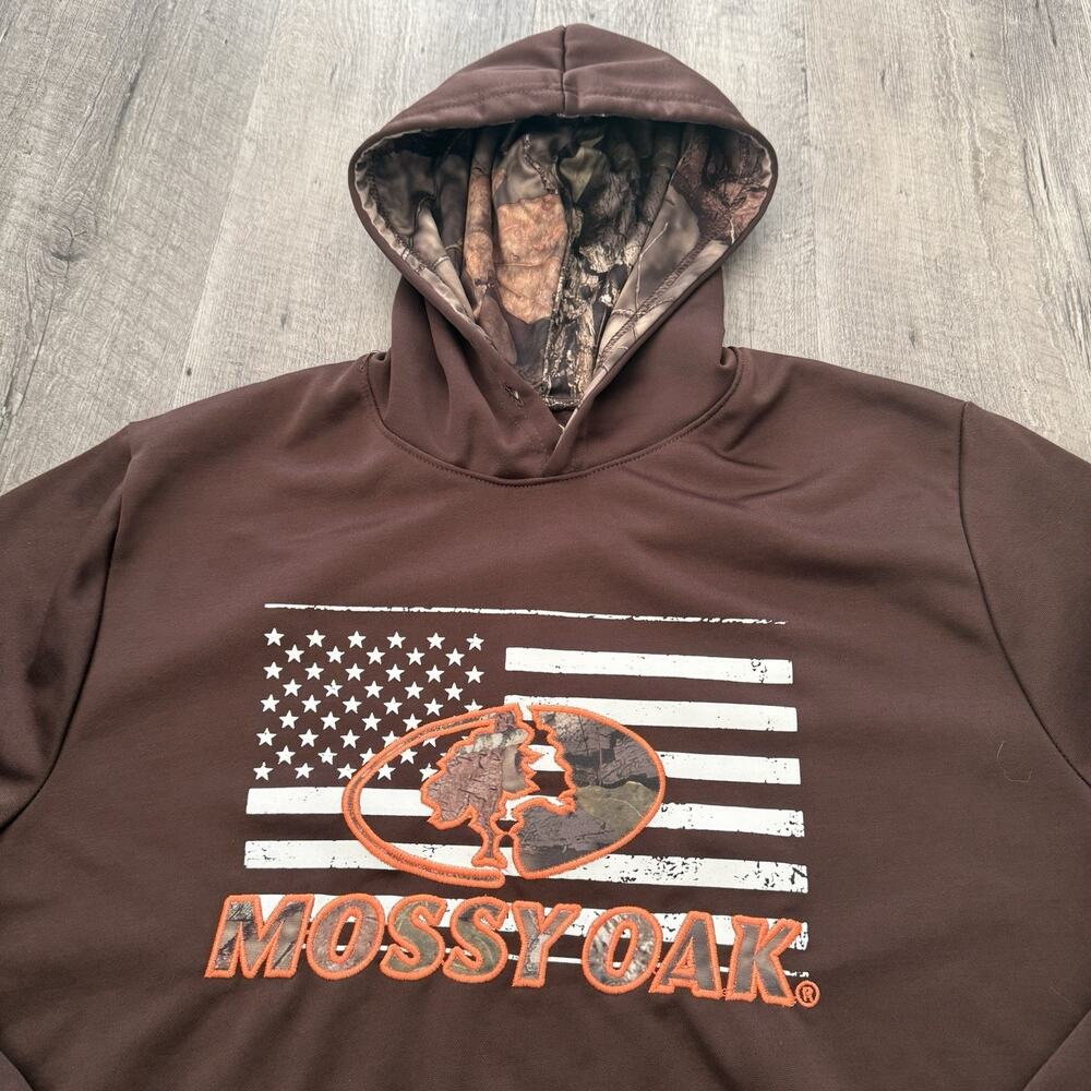 Mossy Oak Camo Hoodie Mens Large Brown Fleece Pullover Flag Camo Hunting Outdoor